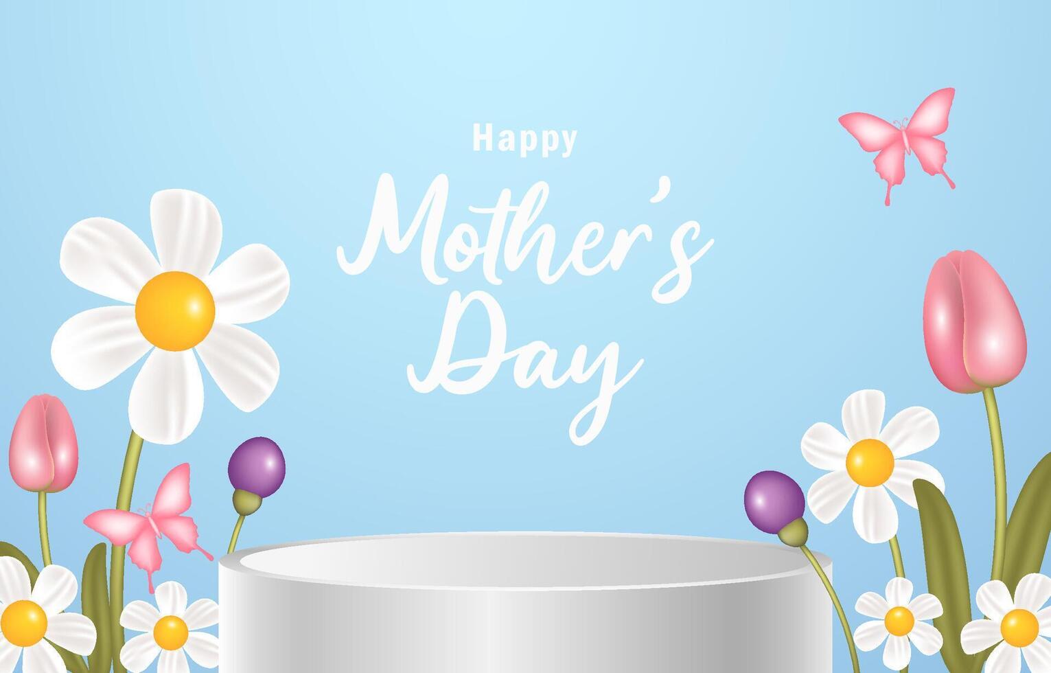 Happy mothers day banner with product display and flowers decoration for sale, poster, background vector