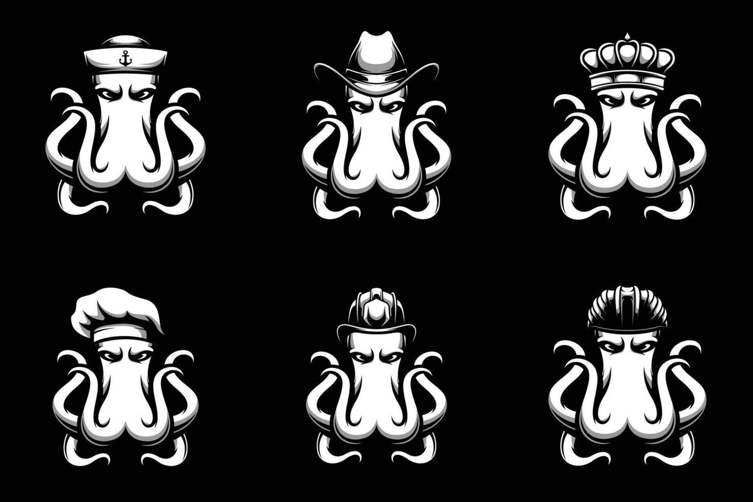 Octopus Heads Bundle Black and White vector