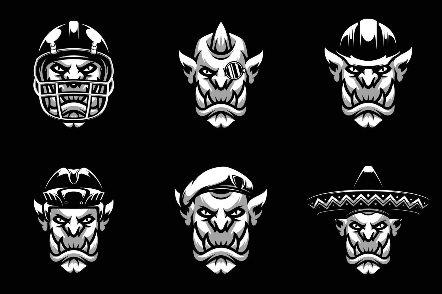 Ogre Heads Bundle Black and White vector