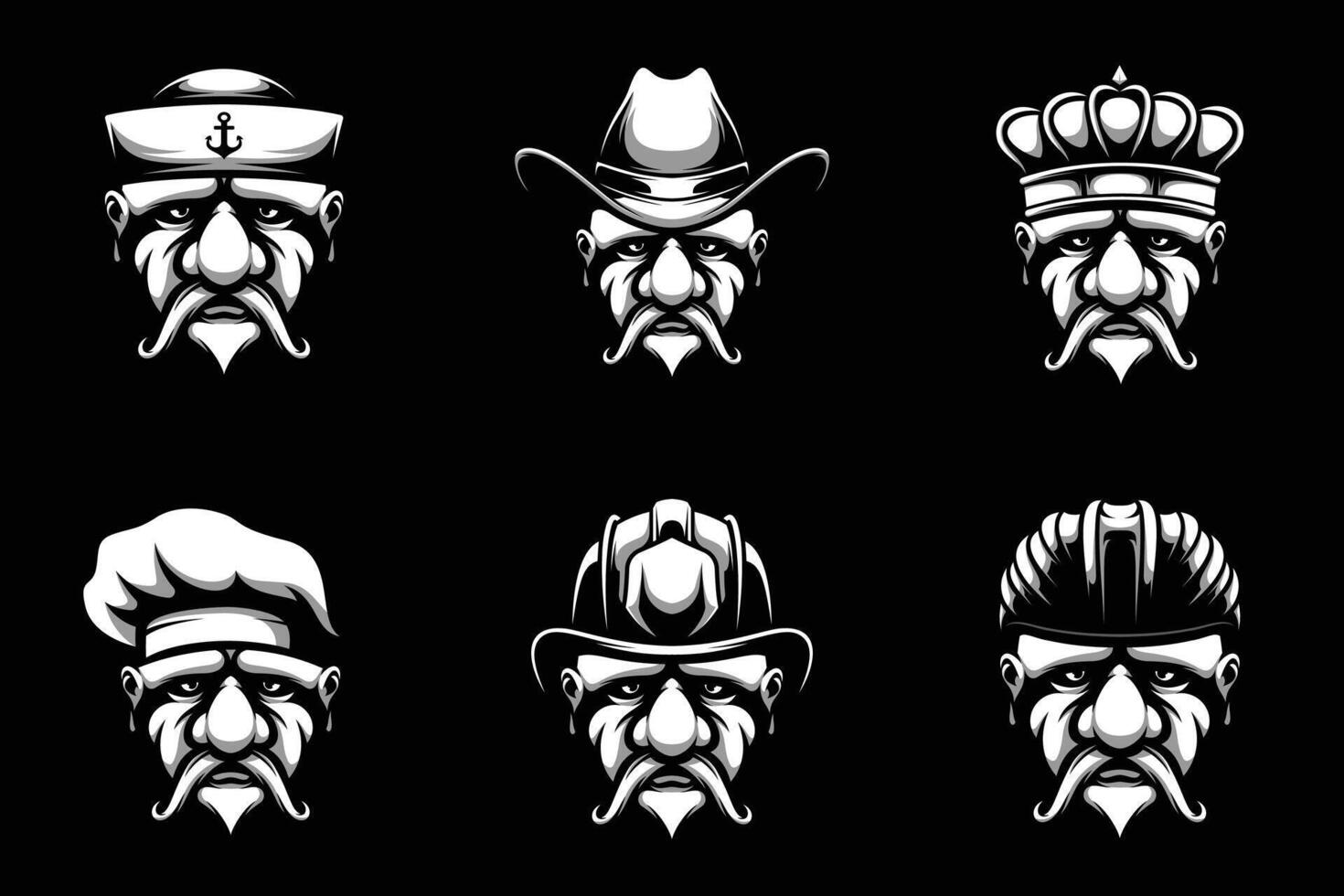 Old Man Heads Bundle Black and White vector