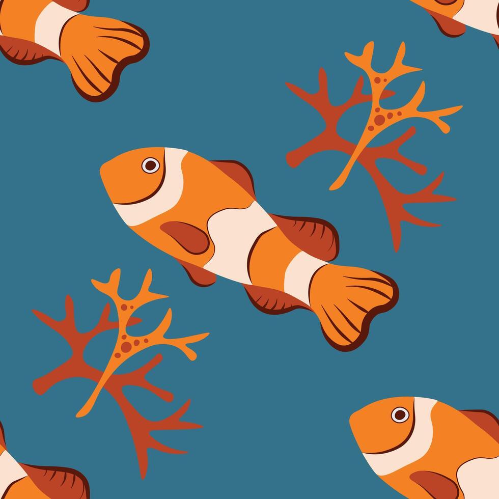 Vector seamless pattern with fish, corals, and seaweed. Background, wallpaper, textile or paper print