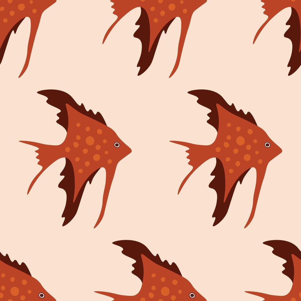 Vector seamless pattern with red tropical fish on orange background. Wallpaper, textile or paper print