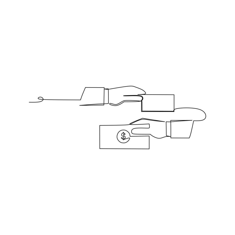 Continuous line drawing of two hands exchanging money with a credit