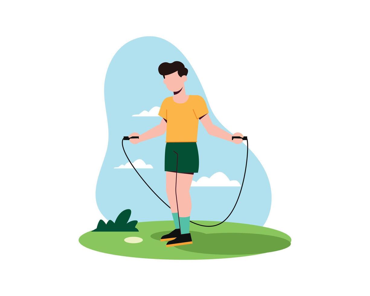 joven activo hombre haciendo saltar cuerda. salto a la comba cardio ejercicio. plano diseño para deporte y ocio tema concepto ilustración. vector