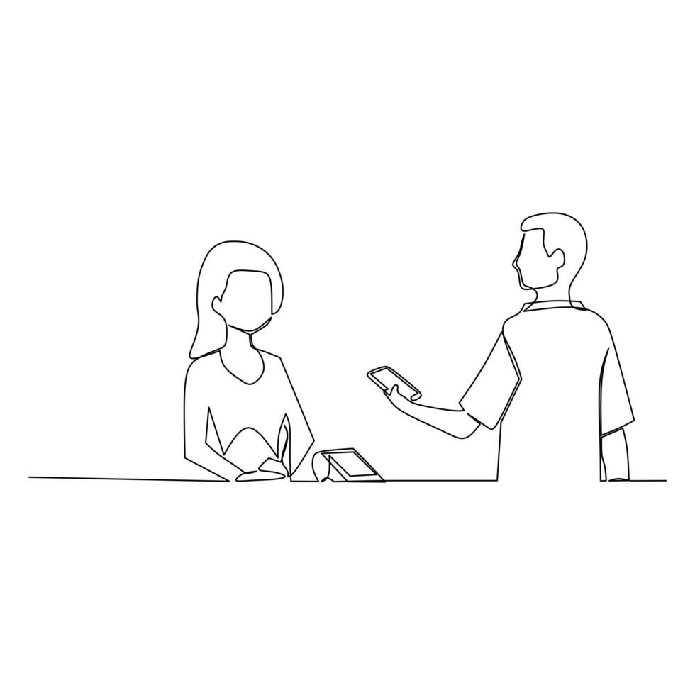 Continuous one line drawing of a A female cashier serves male buyers who use credit cards. Contactless payment concept vector