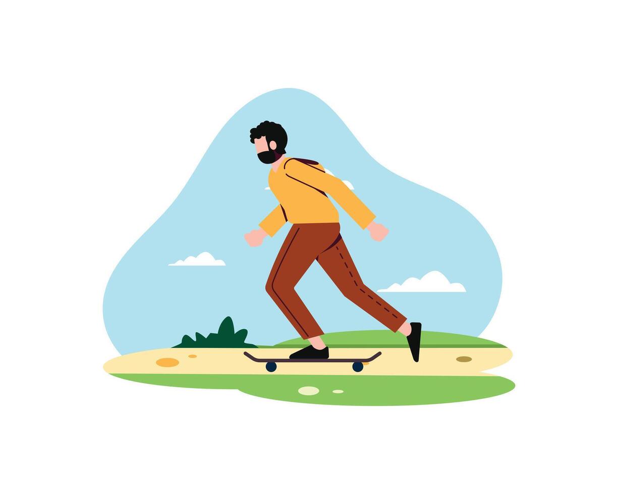 A male character with beard and hoody riding  skateboard. Confident mature man of townspeople. Sport and leisure vector design and concpet