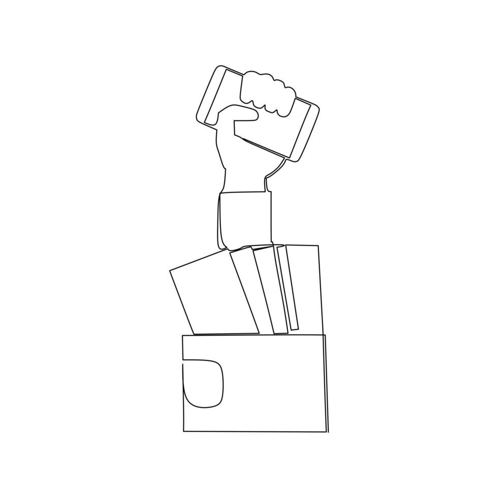 Hand holding smartphone came out of a wallet with money. Digital financial and banking concept design. Vector illustration for business line drawing style