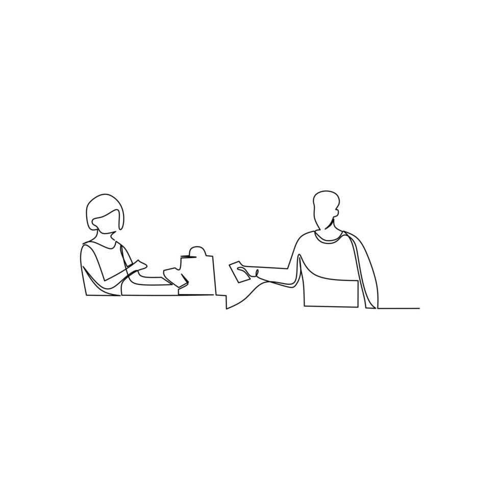 continuous line drawing of woman cashier hold payment terminal pos serve man customer who pay with credit card. Digital payment concept in business and finance theme design. vector
