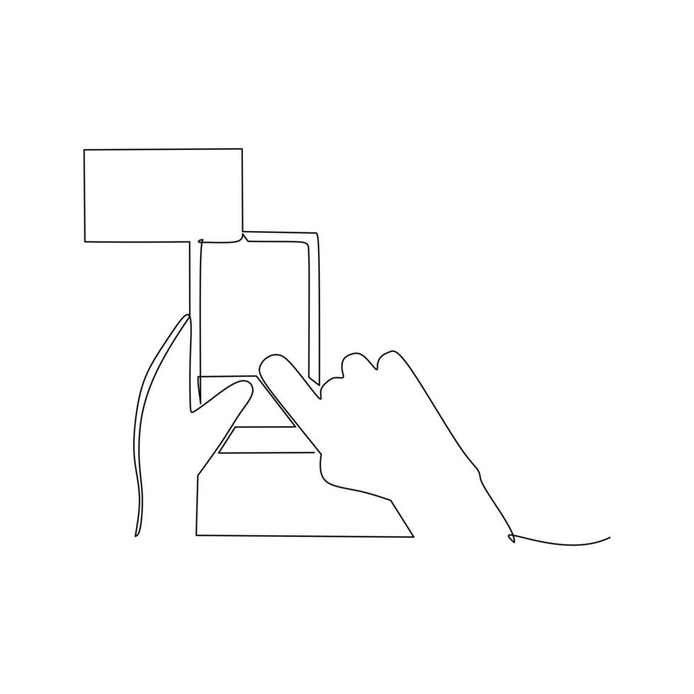 Continuous line drawing of Hand hold a smartphone and message bubble pop up. Contactless payment technology for business and finance concept. vector