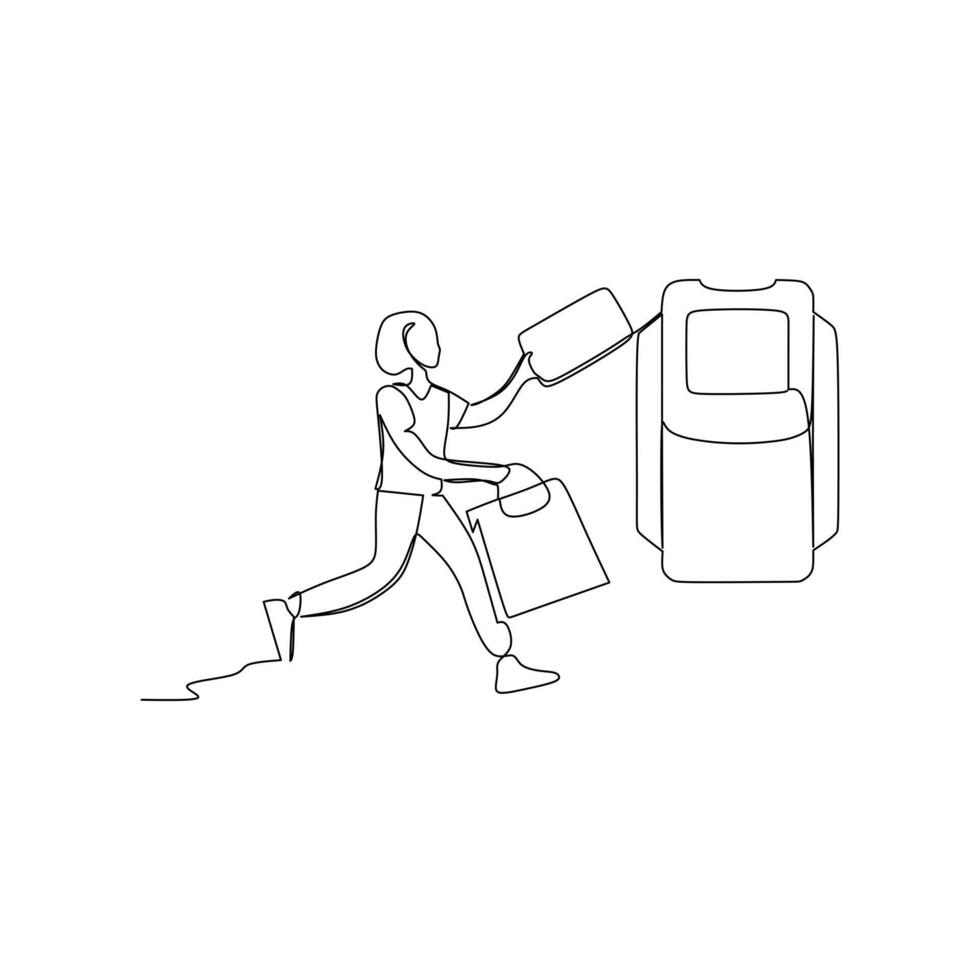 A woman runs with a shopping basket to pay using a credit card on a payment device. Digital finance concept in business and finance.Continuous line drawing vector illustration