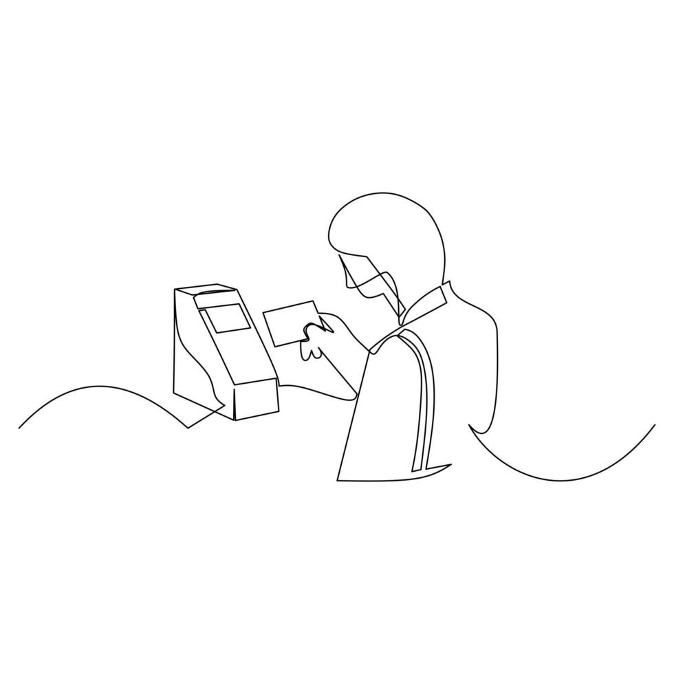 continuous line drawing of a man paying with a credit card. Contactless payment concept vector