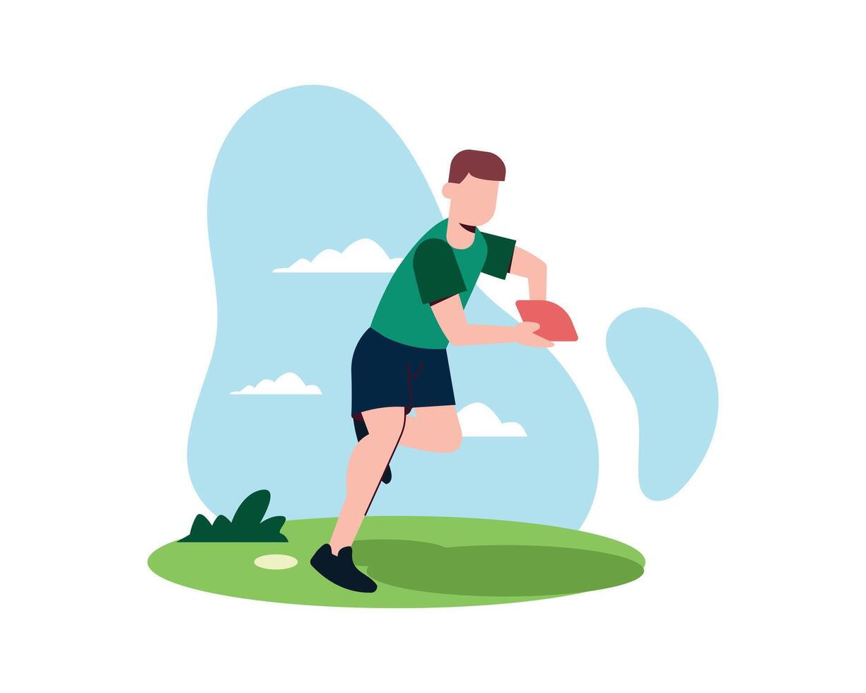 A man playing rugby outdoors, holding ball and running on field. Vector illustration for sport, young rugby player, American football concept