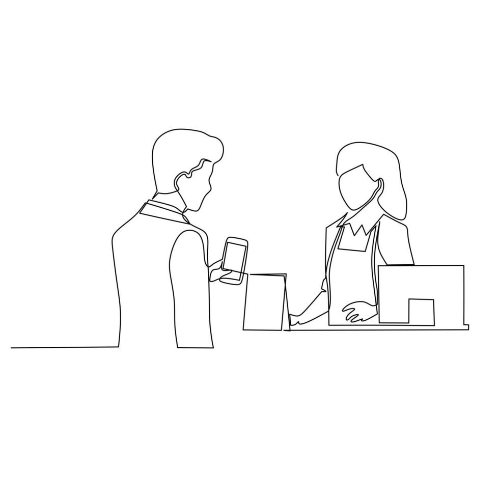 Continuous one line drawing buyer and sellers conducting buying and selling transactions of goods using card. Business activity concept in market. Single line draw design vector illustration.