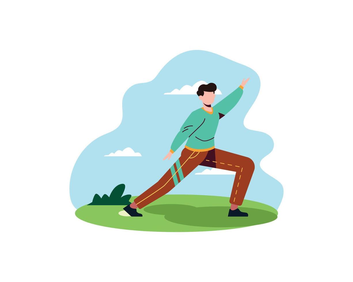 joven hombre practicando yoga en el parque. físico y espiritual práctica. vector ilustración en plano dibujos animados estilo.