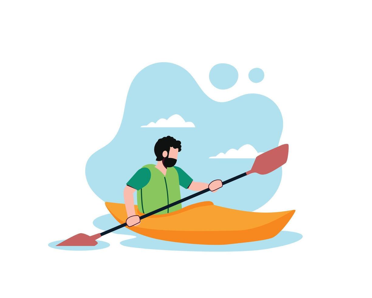 Man rafting in canoe on water, simple blue sky background. Cartoon male sitting in boat, holding paddle and enjoying summer adventure concepts. Vector illustration. Beautiful scenery