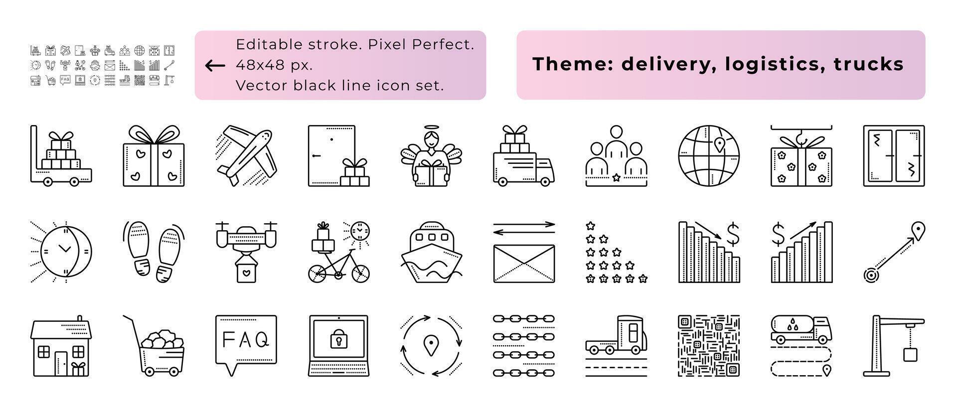 Logistics and cargo, delivery and trucks. Vector black line icon set with dotted lines, 30 signs - 48x48 px editable stroke, pixel perfect and 300x300 px. All layers have titles