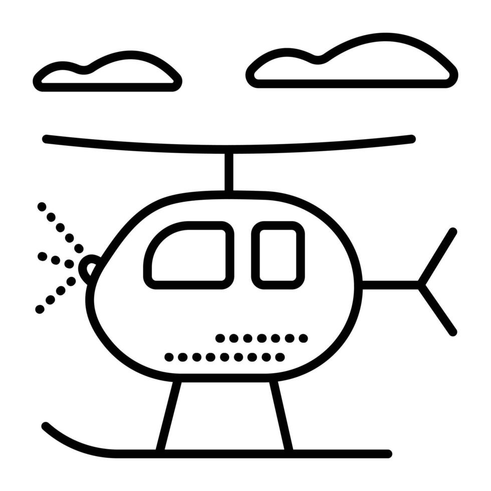 soltero helicóptero con patines, negro línea vector icono, nubes y helicóptero pictograma, linda occidental helicóptero con un aterrizaje engranaje, aire Taxi mínimo ilustración