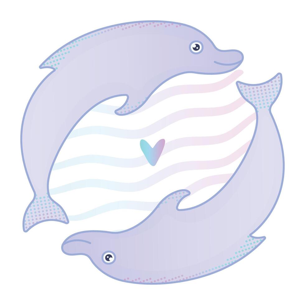 Two cute gradient dolphins are in love, nautical illustration vector