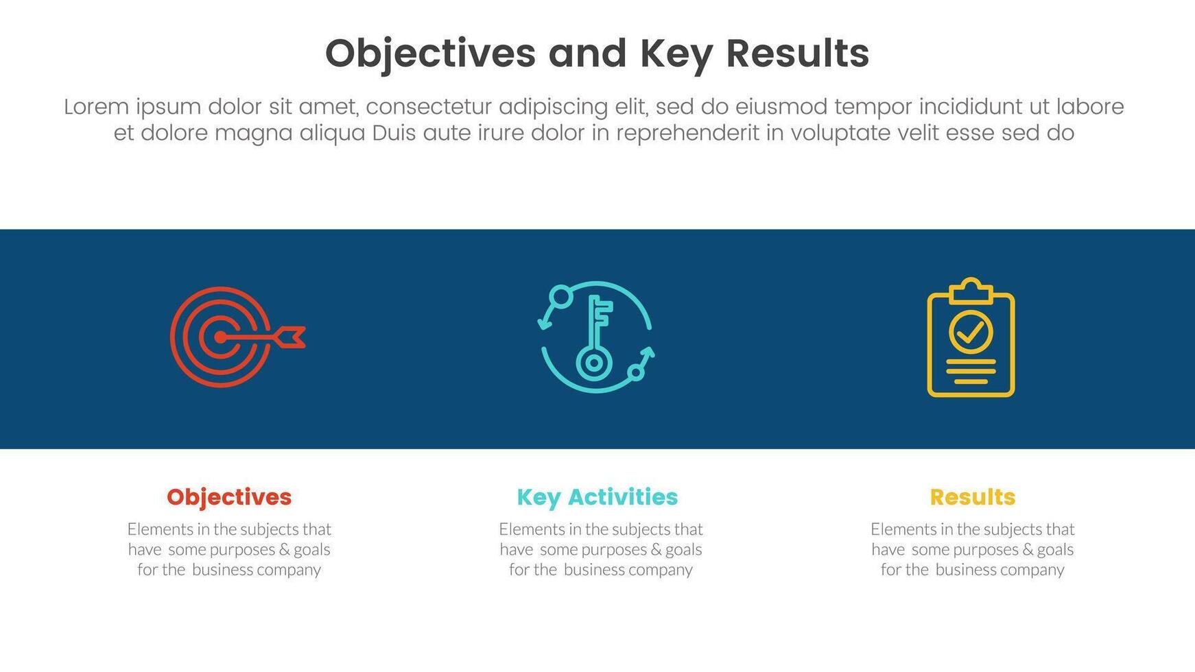 okr objectives and key results infographic 3 point stage template with icon in black horizontal background concept for slide presentation vector