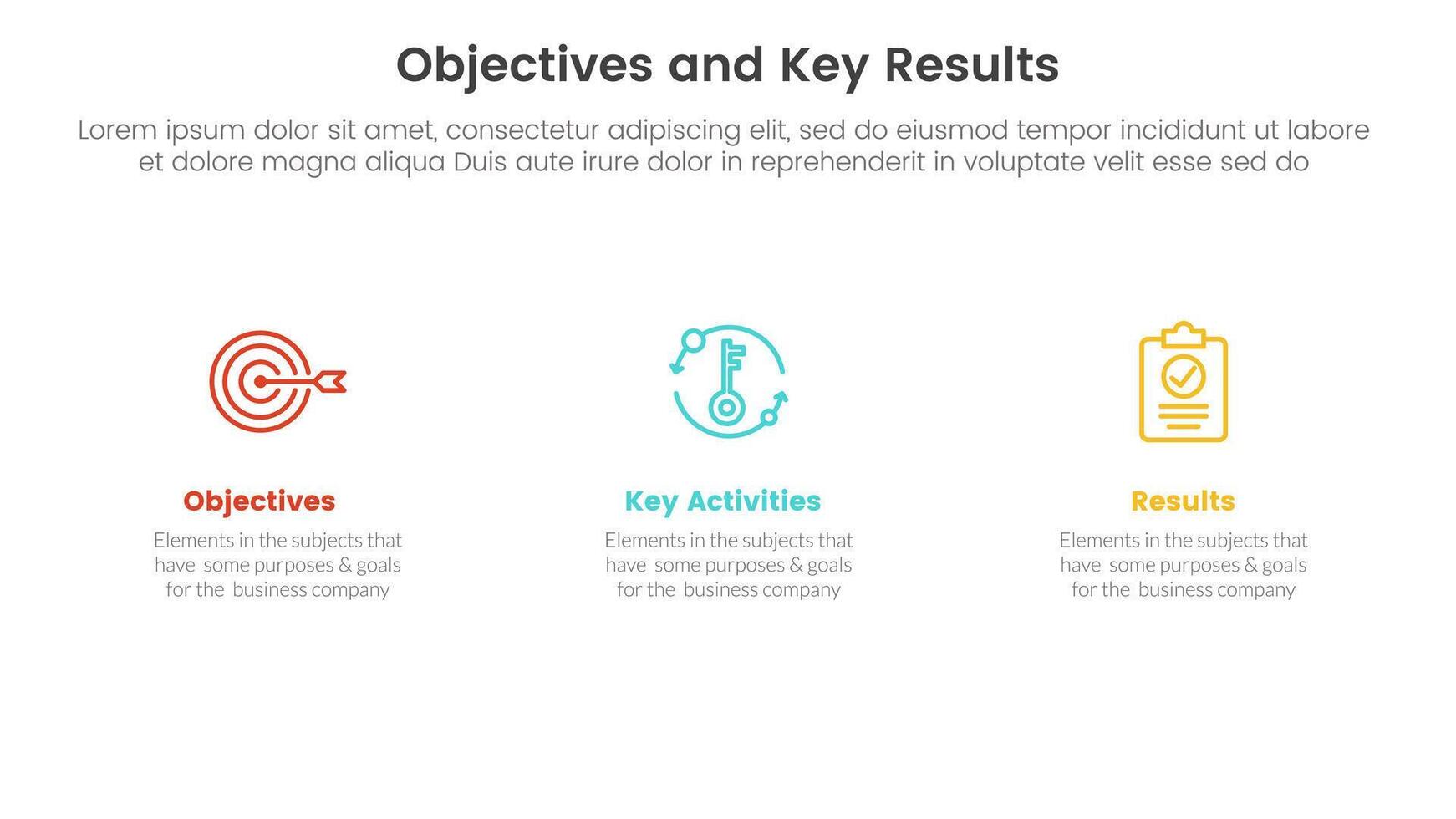 okr objectives and key results infographic 3 point stage template with clean and simple information concept for slide presentation vector
