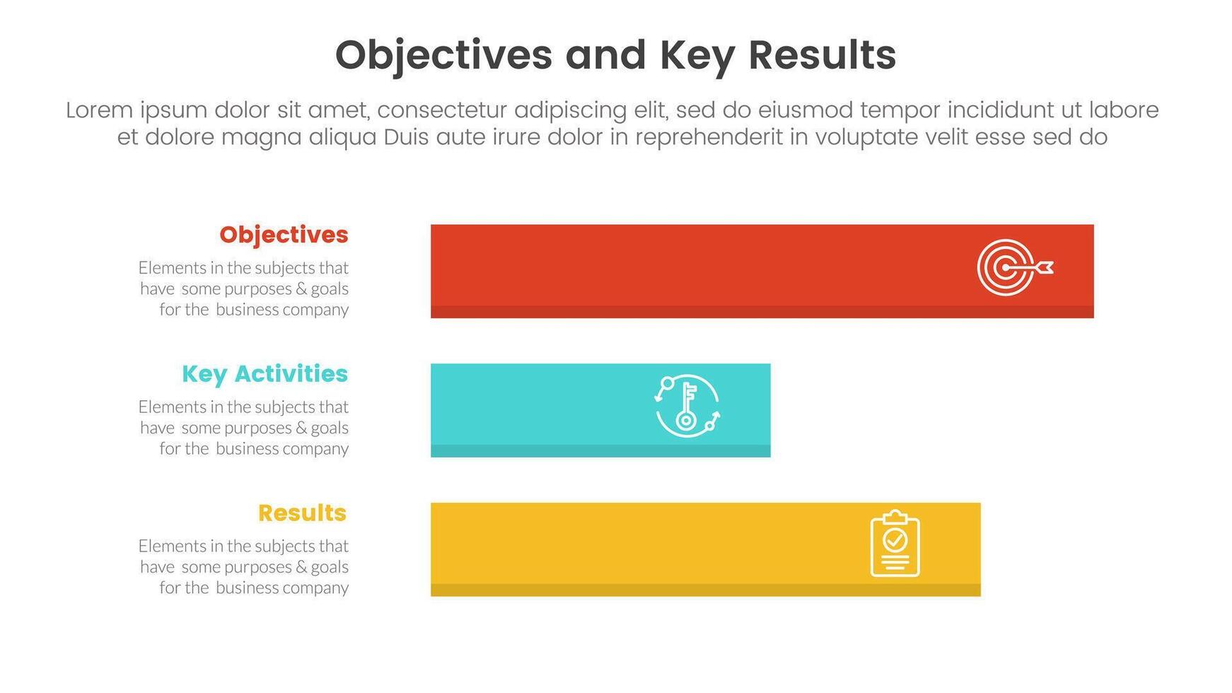 okr objectives and key results infographic 3 point stage template with horizontal long data box concept for slide presentation vector