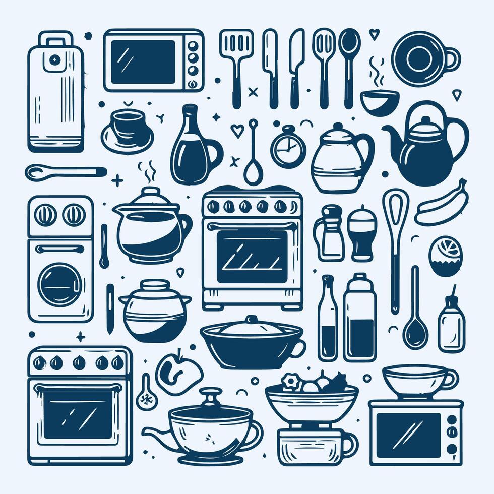 Kitchen Set Line Art Monochrome vector