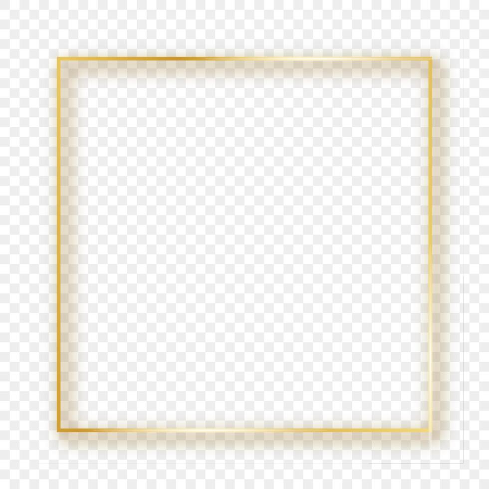 Gold glowing square frame with shadow isolated on background. Shiny frame with glowing effects. Vector illustration.