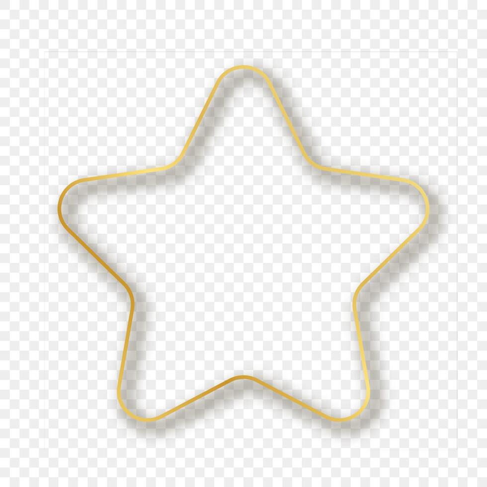 Gold glowing rounded star shape frame with shadow isolated on background. Shiny frame with glowing effects. Vector illustration.