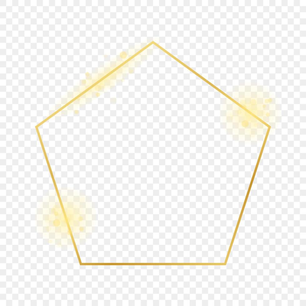 Gold glowing pentagon shape frame isolated on background. Shiny frame with glowing effects. Vector illustration.
