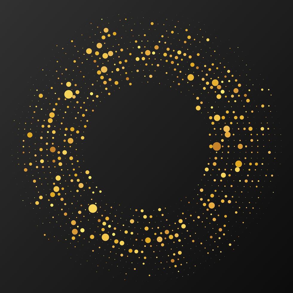Abstract gold glowing halftone dotted background. Gold glitter pattern in circle form. Circle halftone dots. Vector illustration
