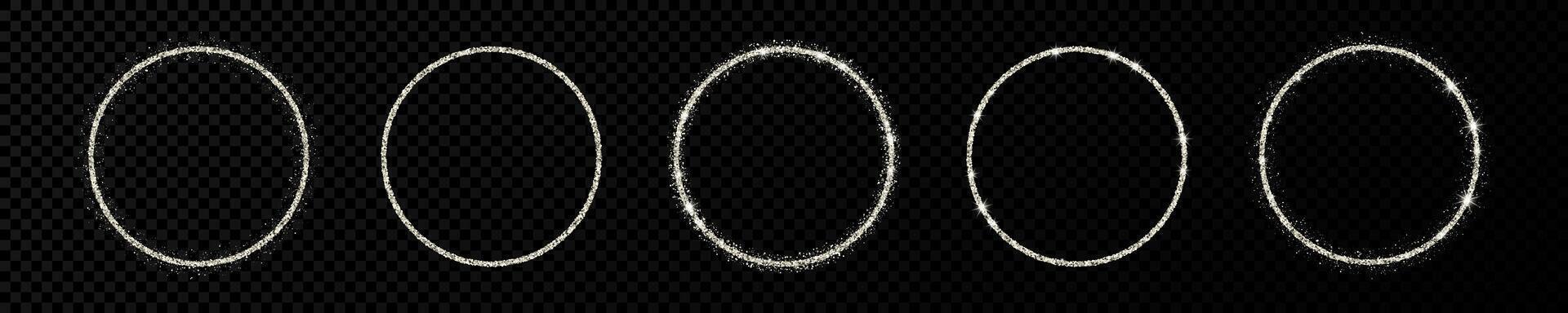 Set of five silver glitter frames. Circle frame with shiny sparkles on dark background. Vector illustration