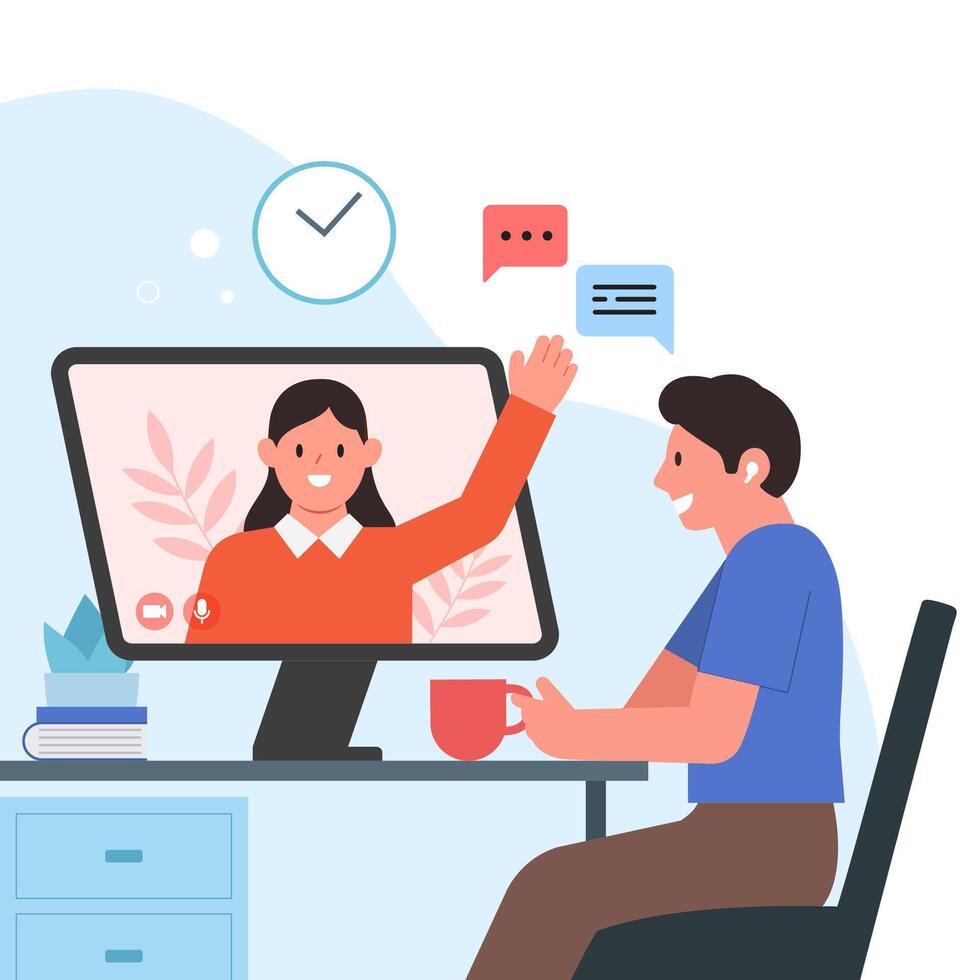 Video conference call of group meeting using computer chatting with colleagues online. Remote Work, Online webinar, Technology concept vector illustration.