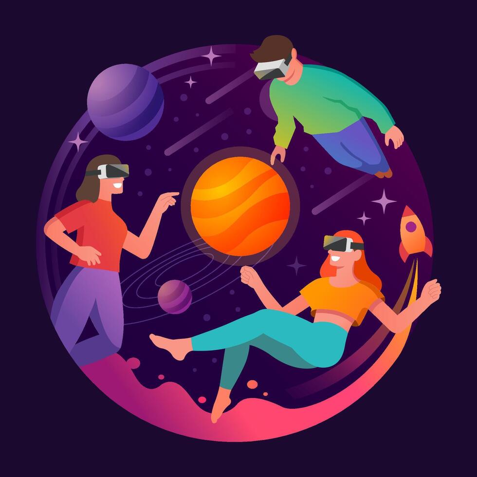 Young people wearing VR headsets floating in outer space. VR experience concept, Male and female characters in metaverse universe, Simulation of the virtual digital world for entertainment. vector