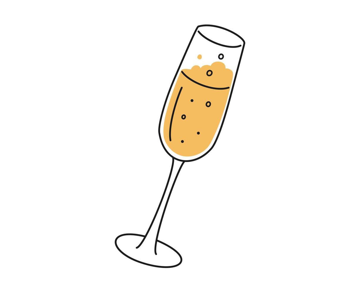 Hand drawn cute cartoon illustration glass of champagne or sparkling wine. Flat vector alcohol drink cocktail sticker in simple colored doodle style. Holiday celebration party icon or print. Isolated