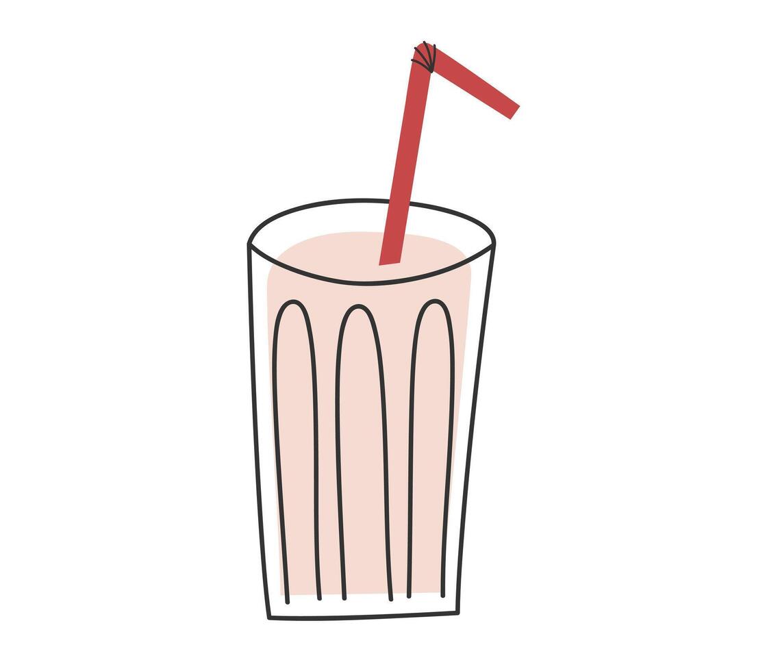 mano dibujado linda dibujos animados ilustración de vaso de Leche con rojo tubo. plano vector lechería Produce pegatina en de colores garabatear estilo. yogur o kéfir en un taza icono o impresión. aislado en antecedentes.