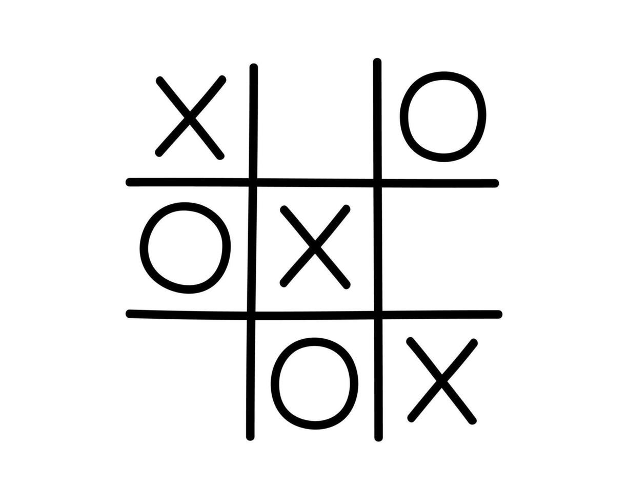 Hand drawn outline cute illustration of tic-tac-toe. Flat vector paper-and-pencil school game in doodle style. Noughts and Crosses. Education or study sticker, icon. Back to school. Isolated on white.