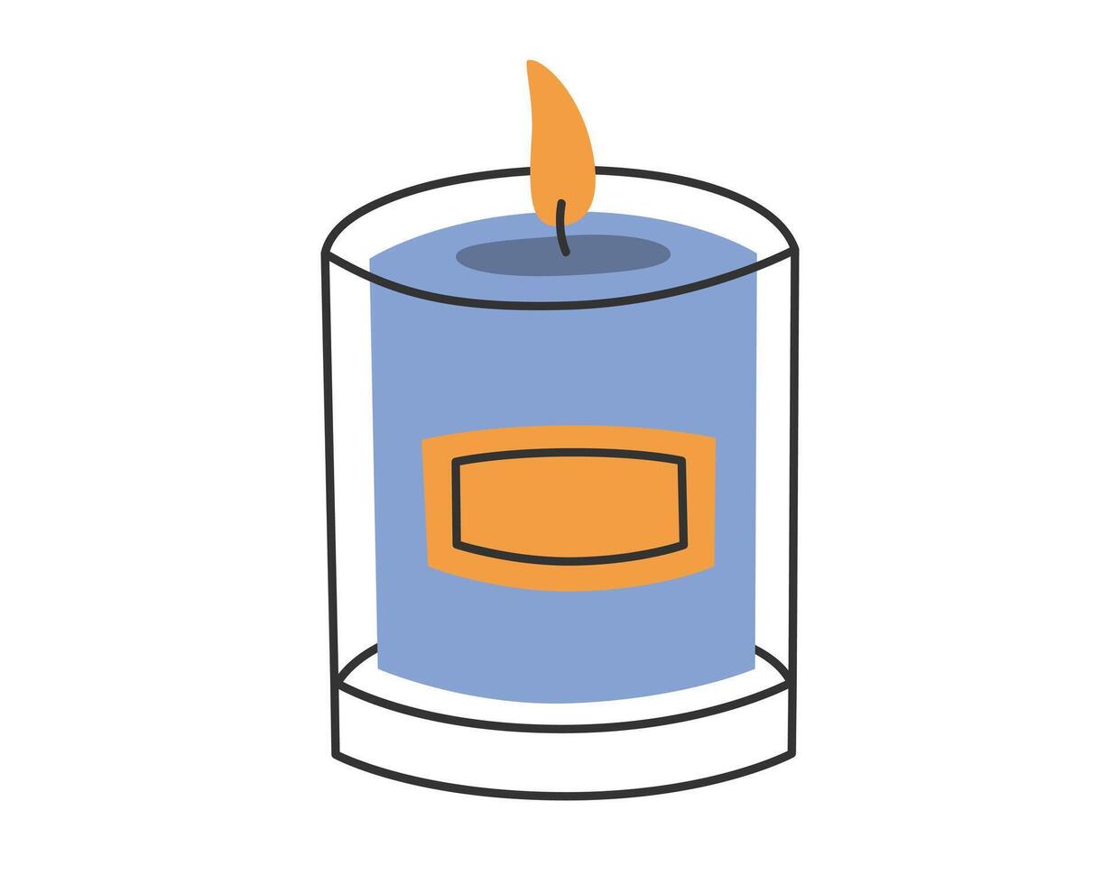 Hand drawn cute illustration of candle. Flat vector burning candle in a container in simple colored doodle style. Cosiness, comfort, rest concept sticker, icon or print. Isolated on white background.