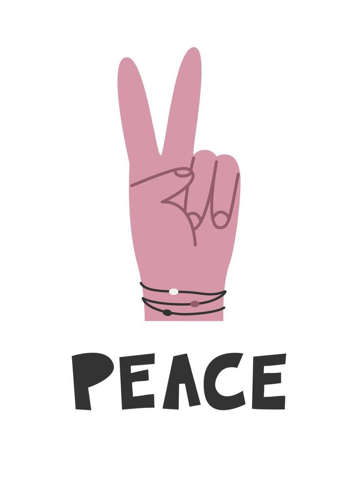 Hand drawn cute cartoon illustration of hand with peace sign. Peace lettering. Flat vector love, no war concept in colored doodle style. Freedom or victory gesture poster, postcard, or print design.