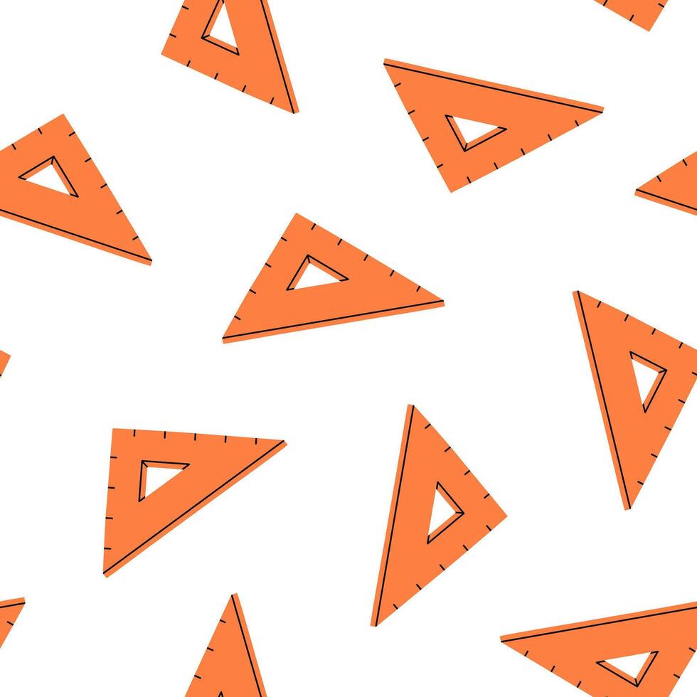 Hand drawn cute seamless pattern with school triangle ruler. Flat vector stationery measuring tool print in doodle style. Back to school. Repeated education or study background, wrapping or wallpaper.