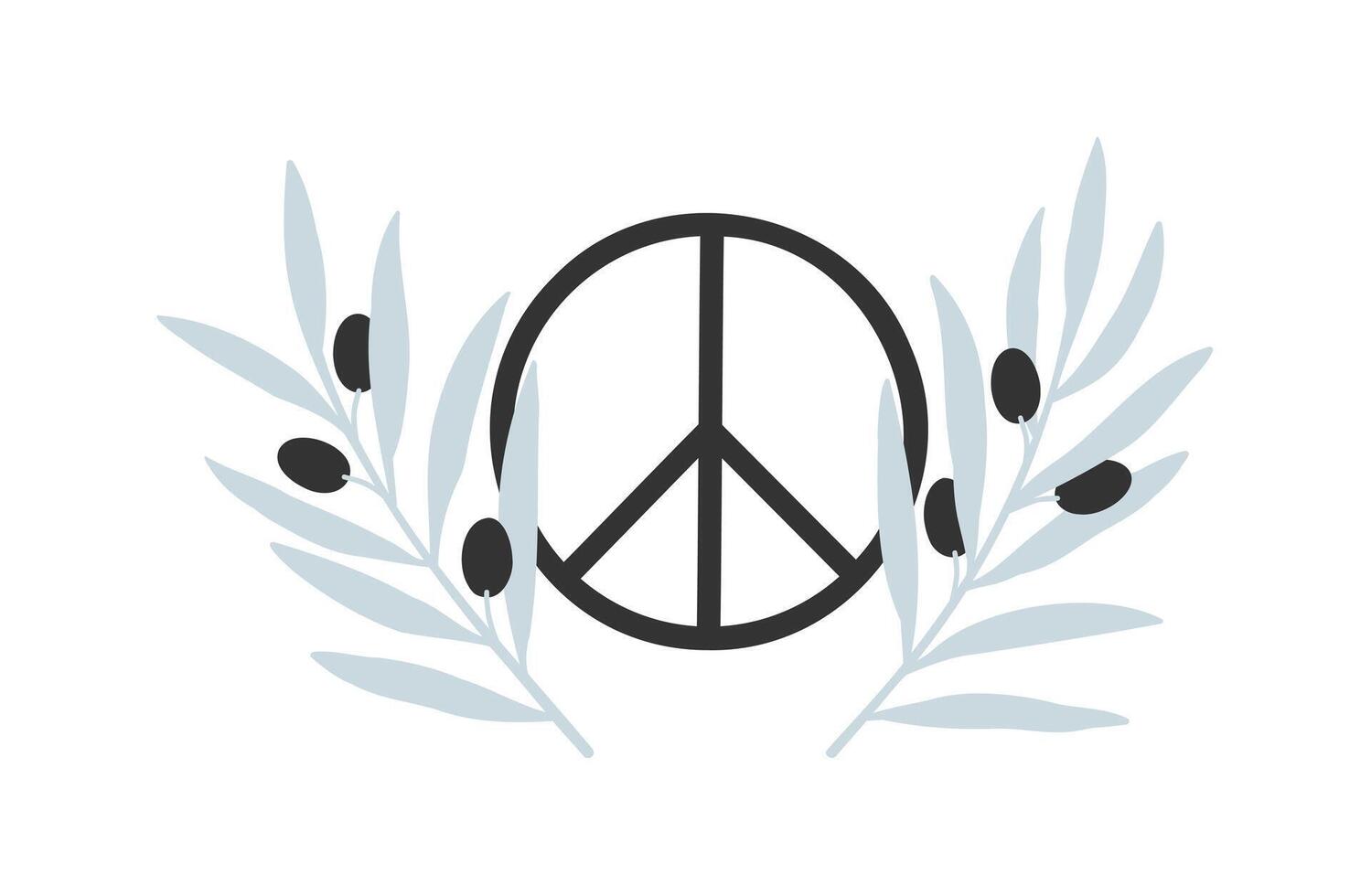 Hand drawn cute cartoon illustration of peace symbol with olive branches. Flat vector love, no war concept in colored doodle style. Freedom or victory sign poster, postcard, print design. Isolated.