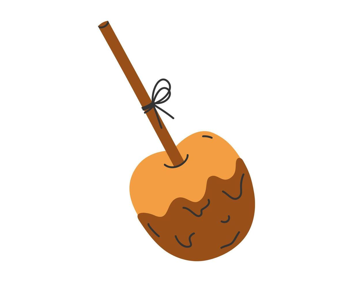 Hand drawn cute illustration of autumn caramel toffee apple. Flat vector sweet treat in simple colored doodle style. Season candy sticker, icon or print. Isolated on white background.