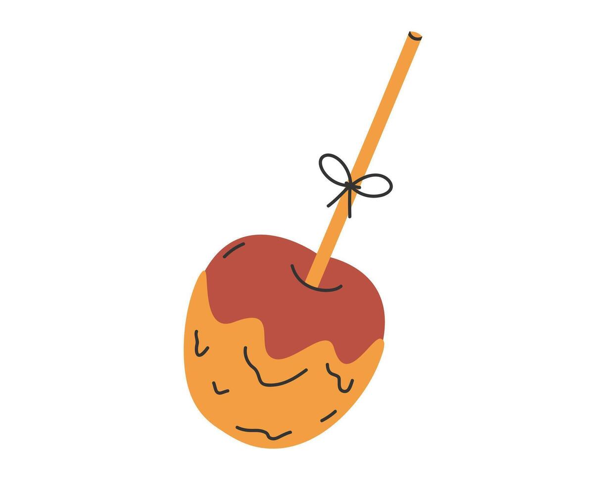 mano dibujado linda ilustración de otoño caramelo caramelo manzana. plano vector dulce tratar en sencillo de colores garabatear estilo. temporada caramelo pegatina, icono o impresión. aislado en blanco antecedentes.