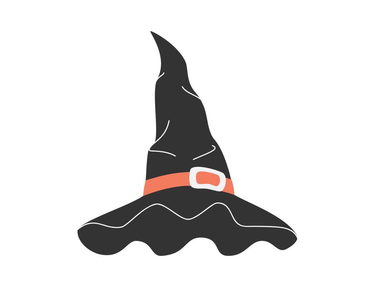 Hand drawn cute cartoon illustration of witch hat. Flat vector Halloween magic element sticker in simple colored doodle style. Witchcraft dress icon or print. Isolated on white background.