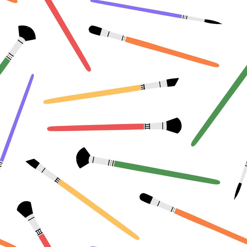 Hand drawn cute seamless pattern with school paint brush. Flat vector stationery drawing tools print in doodle style. Back to school. Repeated education or study background, wrapping or wallpaper.