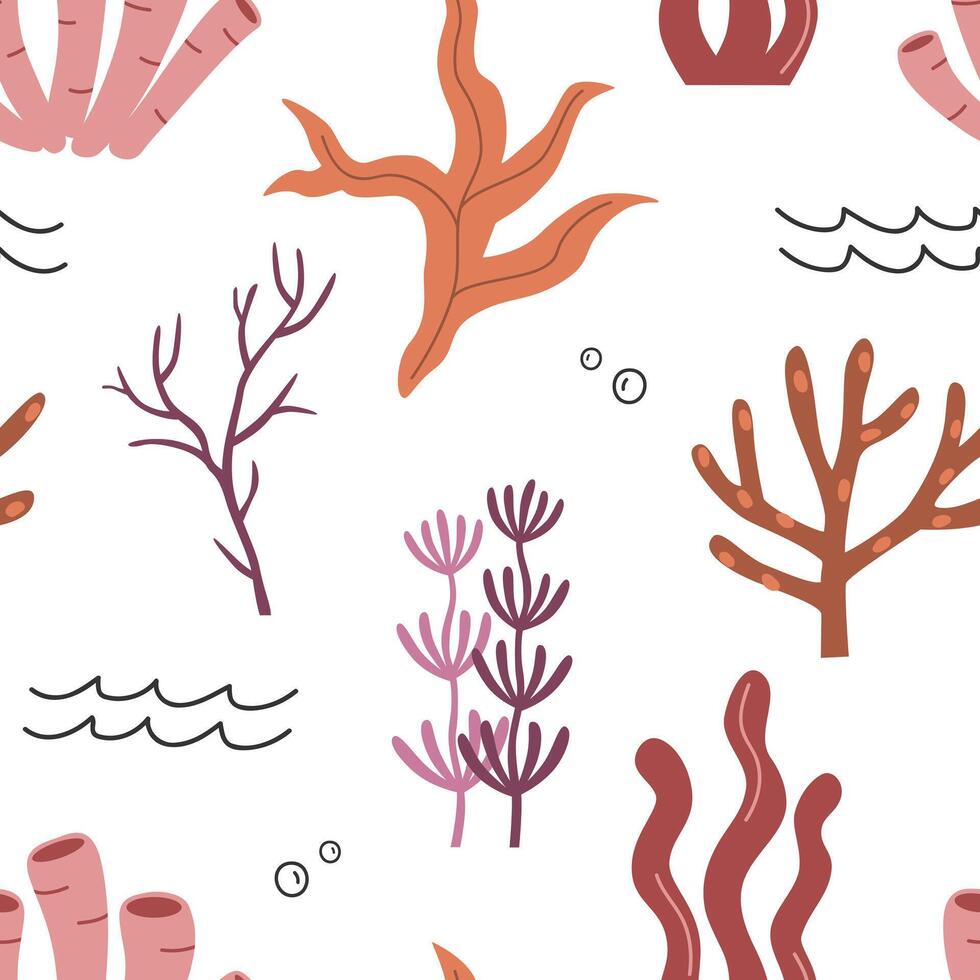 Hand drawn cute cartoon floral seamless pattern with seaweed. Flat vector  nautical, sea alga concept in colored doodle style. Repeated background ocean plant wrapping, wallpaper or print design.