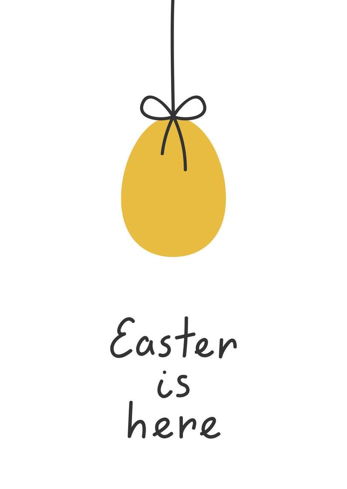 Hand drawn cute cartoon illustration of Easter egg on the thread. Flat vector spring  greeting card in colored doodle style. Hanging pysanka postcard template. Easter is here lettering. Isolated.