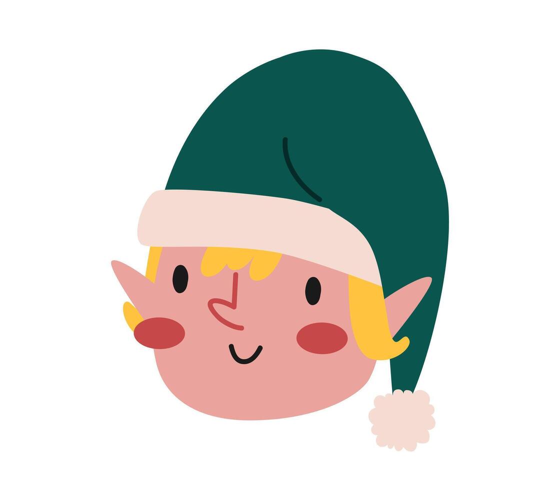 Hand drawn cute cartoon illustration of elf face. Flat vector Christmas characters sticker in colored doodle style. New Year, Xmas icon or print. Isolated on background.
