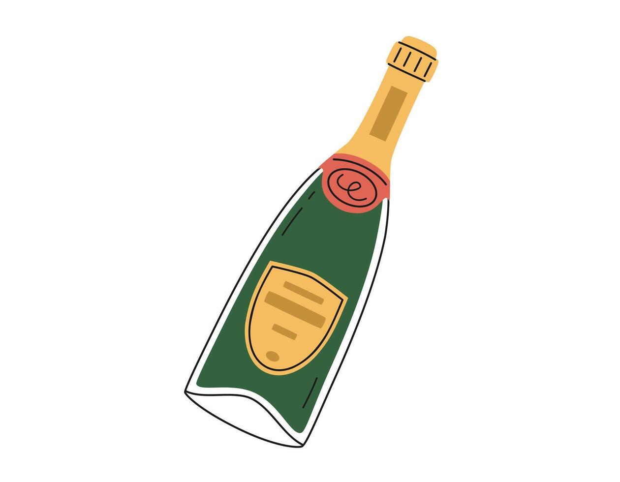 Hand drawn cute cartoon illustration champagne or sparkling wine bottle. Flat vector alcohol drink sticker in simple colored doodle style. Holiday celebration party icon or print. Isolated