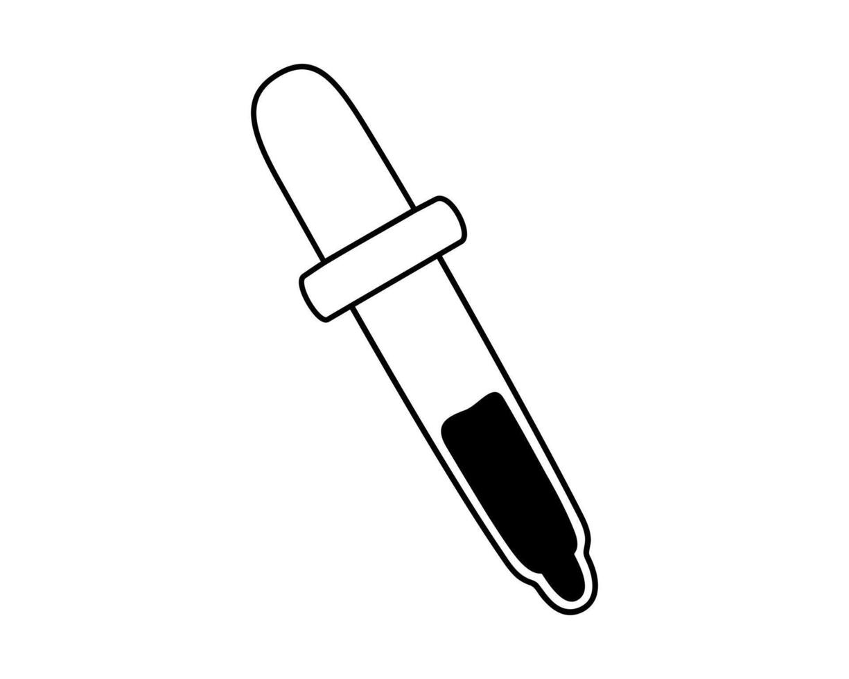 Hand drawn cute outline illustration of pipette. Color pick tool. Flat vector stationery drawing instrument in line art doodle style. Painting sticker, icon or print. Back to school. Isolated on white