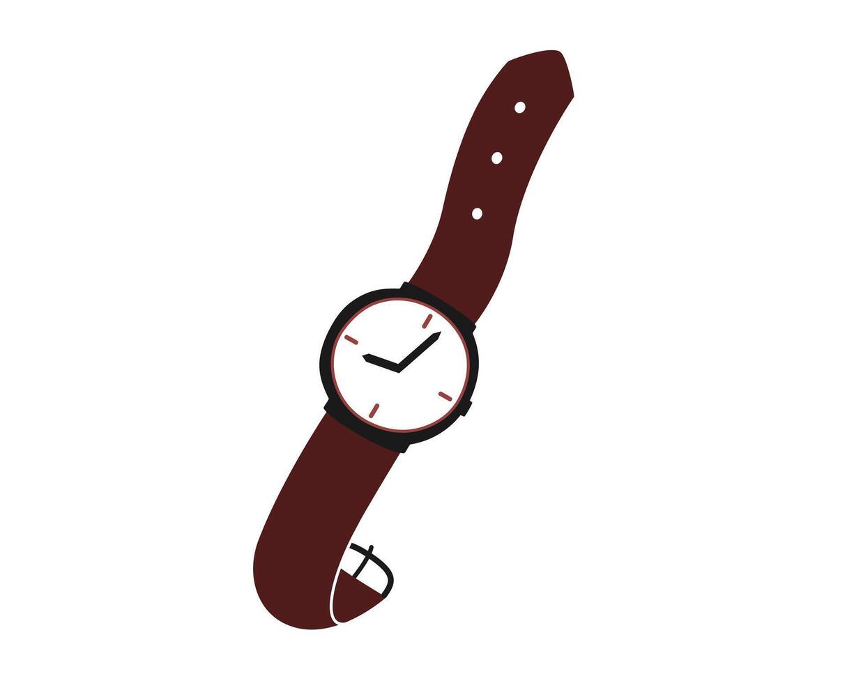 mano dibujado linda dibujos animados ilustración de reloj de pulsera. plano vector reloj pegatina en sencillo de colores garabatear estilo. moderno sincronización dispositivo icono o impresión. aislado en blanco antecedentes.